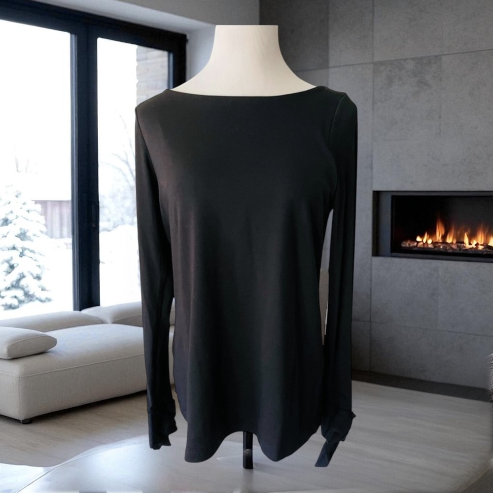 New! SUSANA MONACO Black Luna Danni Long Tie Sleeve Boat Neck Top Size La…